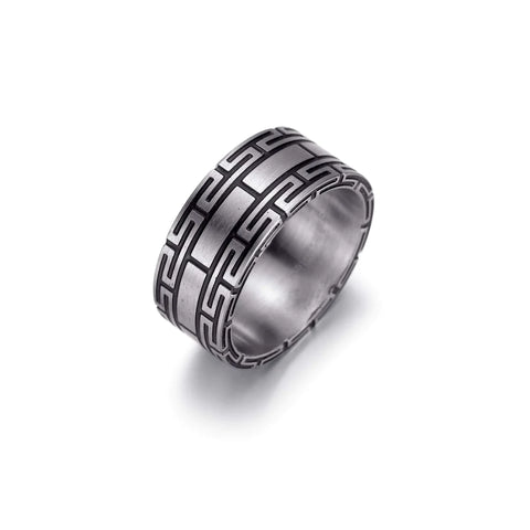 Stainless Steel Matte Black IP Greek Key Ring | Italgem Steel - Tricia's Gems