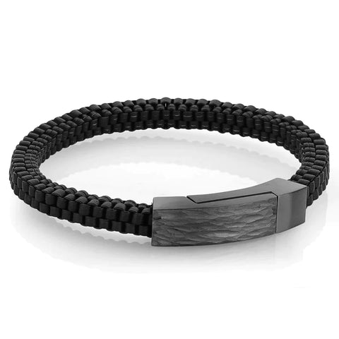 Square Black Leather and S. Steel Hammered Print Clasp Bracelet | Italgem Steel - Tricia's Gems