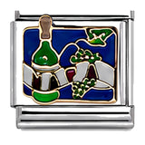 Wine Bottle, Glass and Grapes on Blue stainless steel enamel Italian charm on white background