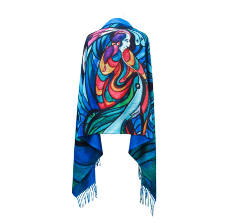 Don Chase Spirit Fish Eco-Shawl made from 100% recycled plastic bottles – Indigenous salmon design symbolizing strength, transformation, and spirit.