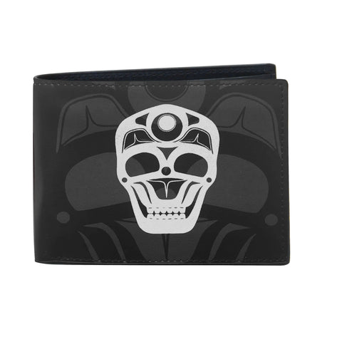 James Johnson Skull Men’s Wallet – vegan leather bi-fold wallet featuring Indigenous Skull design symbolizing strength and transformation.
