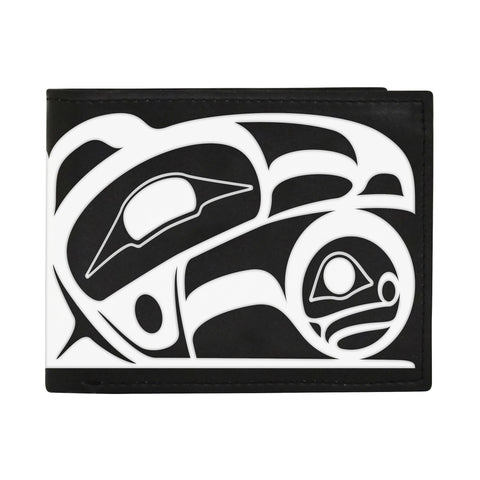 Roy Henry Vickers Raven Men’s Wallet – vegan leather bi-fold wallet featuring Indigenous Raven design symbolizing creation and transformation.