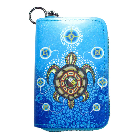James Jacko Medicine Turtle Zip-Around Coin Wallet – vegan leather wallet featuring Indigenous turtle design symbolizing healing, balance, and protection.