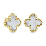Veloria gold IP stainless steel lucky clover stud earrings featuring mother of pearl inlay and a polished 13mm four-leaf clover design.