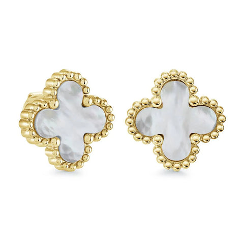 Veloria gold IP stainless steel lucky clover stud earrings featuring mother of pearl inlay and a polished 13mm four-leaf clover design.