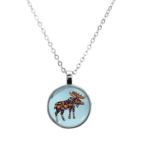 John Rombough Moose Dome Glass Necklace – pendant featuring Indigenous moose artwork under glass dome, symbolizing strength and harmony.