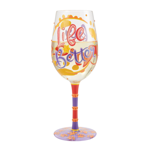 Lolita Life With Fur Babies hand-painted wine glass with pet-themed design in gift box.