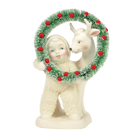 Snowbabies “Meet in the Middle” porcelain figurine with wreath and fawn.