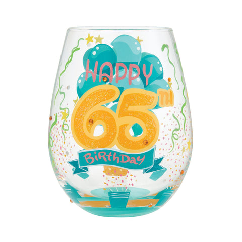 Lolita Happy 65th Birthday hand-painted stemless wine glass