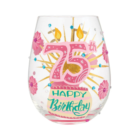 Lolita Happy 75th Birthday hand-painted stemless wine glass
