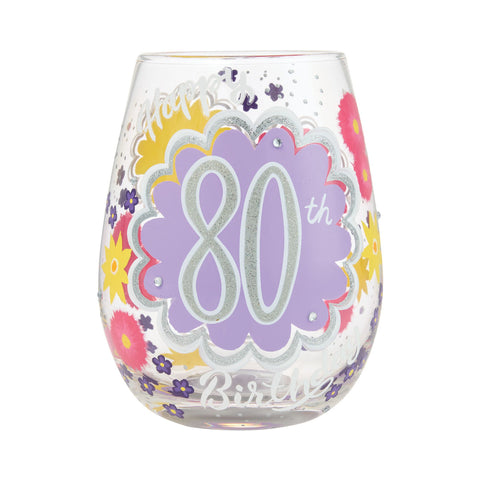 Lolita Happy 80th Birthday hand-painted stemless wine glass