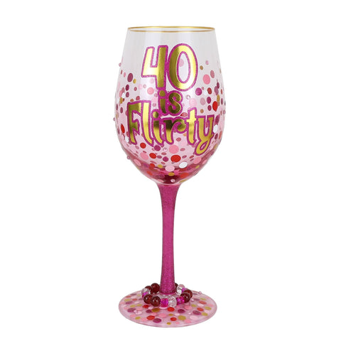 Lolita 40 Is Flirty birthday wine glass, front view