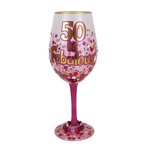 Lolita 50 Is Fabulous birthday wine glass, front view