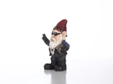 Biker garden gnome statue wearing a helmet, sunglasses, leather jacket, and skull shirt with GARDEN OUTLAWS GNOMAD design