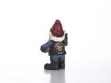 Biker garden gnome statue wearing a helmet, sunglasses, leather jacket, and skull shirt with GARDEN OUTLAWS GNOMAD design