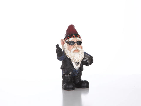 Biker garden gnome statue wearing a helmet, sunglasses, leather jacket, and skull shirt with GARDEN OUTLAWS GNOMAD design