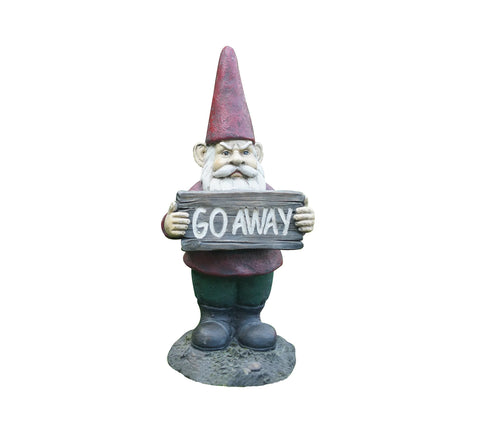 Gnome Holding "Go Away" Sign Statue