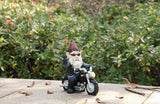 Pet Pals gnome riding a motorcycle statue with peace sign made from polyresin for indoor and outdoor garden décor.