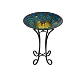 Solar Glass Peacock Feathers Bird Bath With Metal Stand for Outdoor Garden Décor and Bird Watching