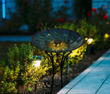 Solar Glass Peacock Feathers Bird Bath With Metal Stand for Outdoor Garden Décor and Bird Watching