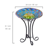 Solar Glass Peacock Feathers Bird Bath With Metal Stand for Outdoor Garden Décor and Bird Watching