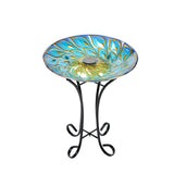 Solar Glass Peacock Feathers Bird Bath With Metal Stand for Outdoor Garden Décor and Bird Watching