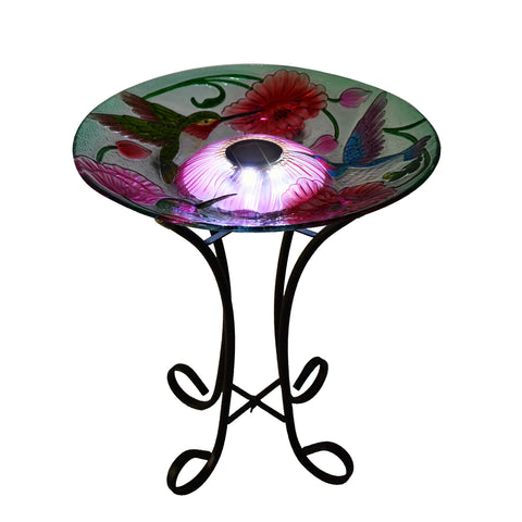 Solar Glass Bird Bath With Stand featuring decorative illuminated glass bowl for outdoor garden décor and bird watching.