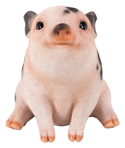 Pet Pals chubby pink piglet sitting statue with black spots made from polyresin for indoor and outdoor home and garden décor.