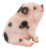 Pet Pals chubby pink piglet sitting statue with black spots made from polyresin for indoor and outdoor home and garden décor.
