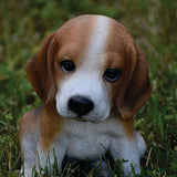 Realistic sitting Beagle puppy statue made from polyresin, featuring lifelike details for garden, patio, lawn, home, or office décor.