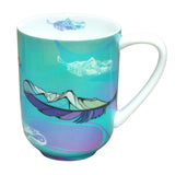 Michelle Stoney Healing Feather porcelain mug with Indigenous artwork, front view