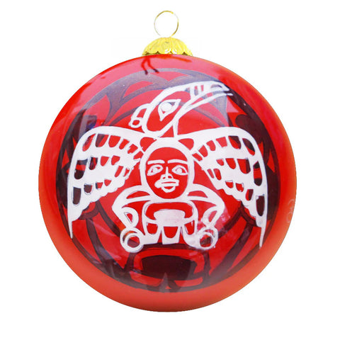 Roy Henry Vickers White Raven Glass Ornament – hand-blown glass ornament featuring Indigenous design symbolizing light and transformation.