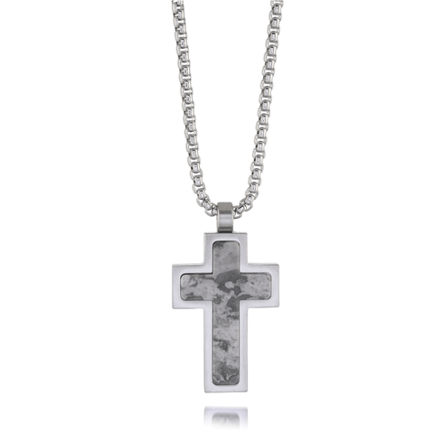 Stainlees Steel Matte Grey Marble Stone Cross Necklace | Italgem Steel - Tricia's Gems