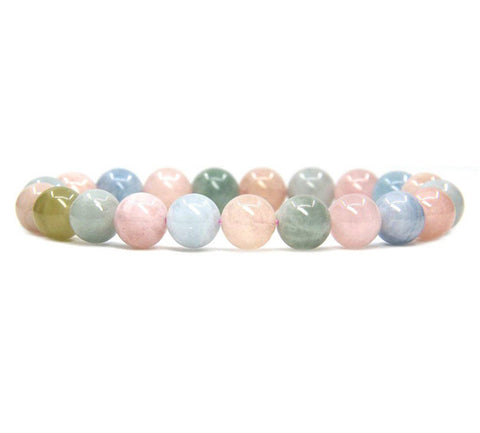 Polished morganite stretch bracelet with round gemstone beads