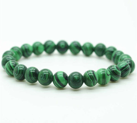 Polished malachite stretch bracelet with round gemstone beads