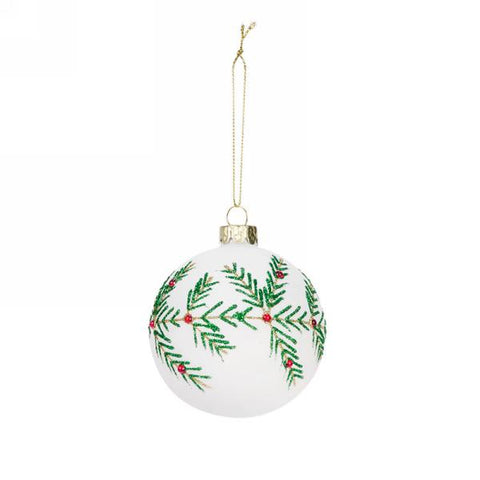 White Ball Ornament With Green Foilage 3" - Tricia's Gems