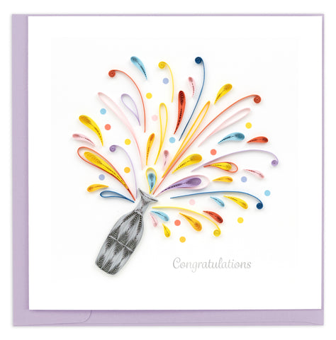 Quilled Celebration Congrats greeting card with handcrafted champagne paper quilling design