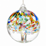Kitras Tree of Phoenix hand-blown iridescent art glass ornament with multicoloured tree design.


