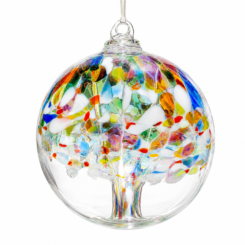 Kitras Tree of Phoenix hand-blown iridescent art glass ornament with multicoloured tree design.

