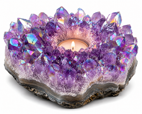 Angel Aura Amethyst cluster candle holder with iridescent rainbow crystal points and tea light candle on white background