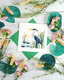 Blue heron paper quilling greeting card symbolizing grace and resilience