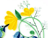 Hummingbird birthday paper quilling greeting card in green, yellow, and blue