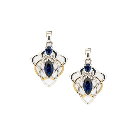 Silver and 18k vermeil angel drop earrings by Keith Jack with lab-grown blue sapphires.
