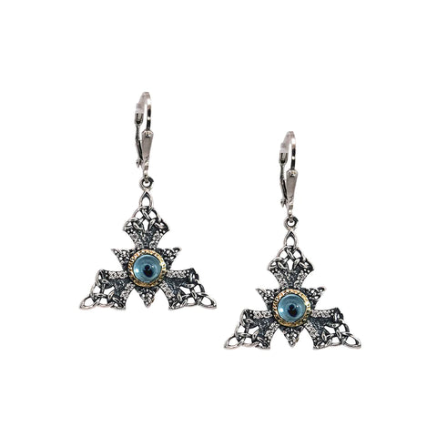 SILVER AND 10K GOLD CELESTIAL LEVERBACK EARRINGS - SKY BLUE TOPAZ AND CUBIC ZIRCONIA - Tricia's Gems