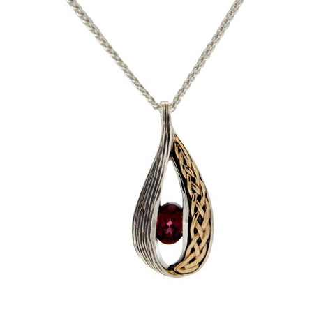 Keith Jack Celtic teardrop pendant in sterling silver and 18k gold with red stone