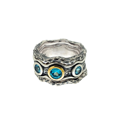 Silver And 10k Gold Rocks 'n River Ring - Swiss Blue Topaz *3 Stones And 2 Rails*| Keith Jack - Tricia's Gems