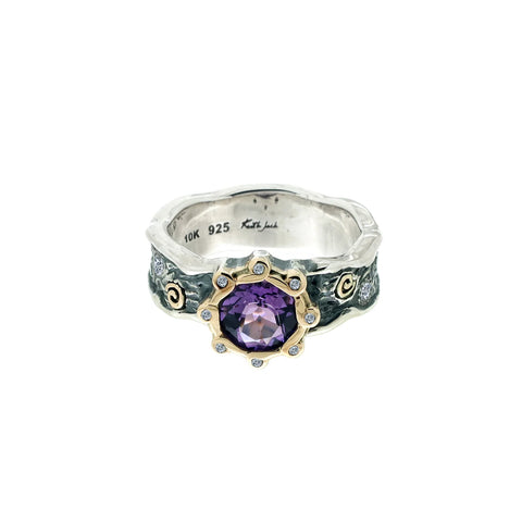 Silver And 10k Gold Rocks 'n Rivers Ring - Amethyst And Cubic Zirconia - Tricia's Gems