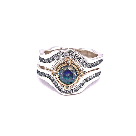 Silver And 10k Gold Rocks 'n Rivers 2-piece Ring - Mystic Blue Moissanite And Cubic Zirconia - Tricia's Gems