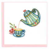 Quilled Afternoon Tea Greeting Card featuring a teapot pouring tea into a teacup with a rose