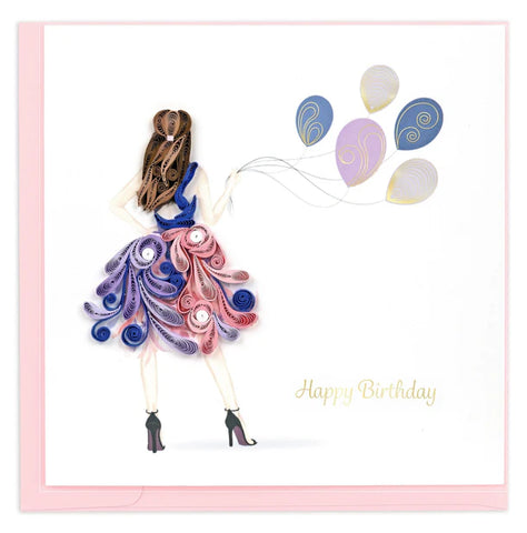 Quilled Birthday Girl Greeting Card featuring a woman holding colourful pink and purple balloons